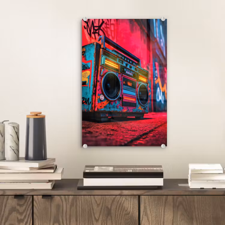 Glas schilderij - Boombox - Rood - Graffiti - Neon — 2