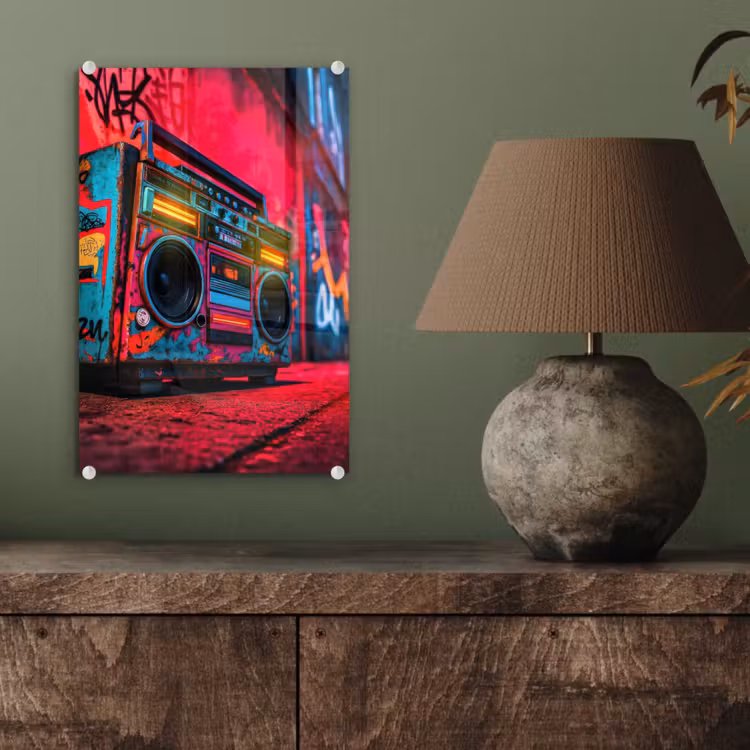 Glas schilderij - Boombox - Rood - Graffiti - Neon — 4