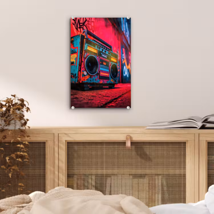 Glas schilderij - Boombox - Rood - Graffiti - Neon — 5