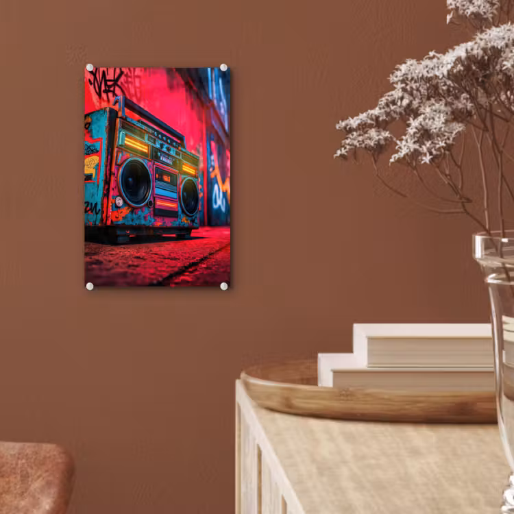Glas schilderij - Boombox - Rood - Graffiti - Neon — 6