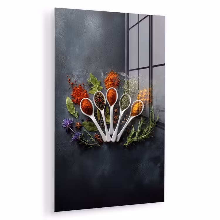 Glas schilderij - Lepels - Wit - Poeder - Kruiden — 1