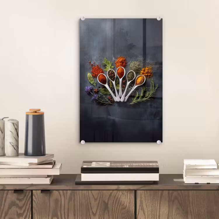Glas schilderij - Lepels - Wit - Poeder - Kruiden — 2