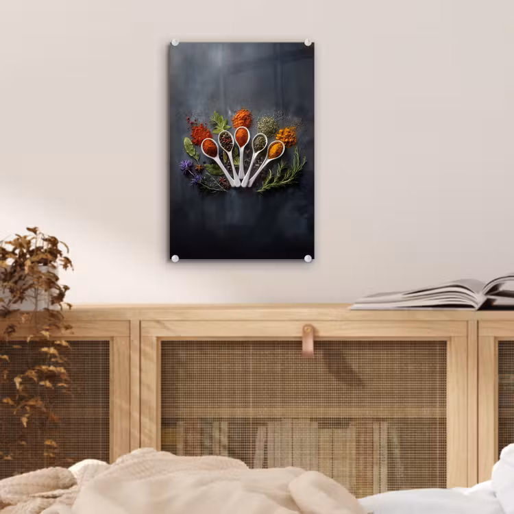 Glas schilderij - Lepels - Wit - Poeder - Kruiden — 5