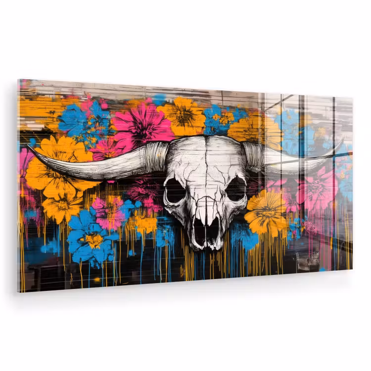 Glas schilderij - Schedel - Bloemen - Graffiti — 1