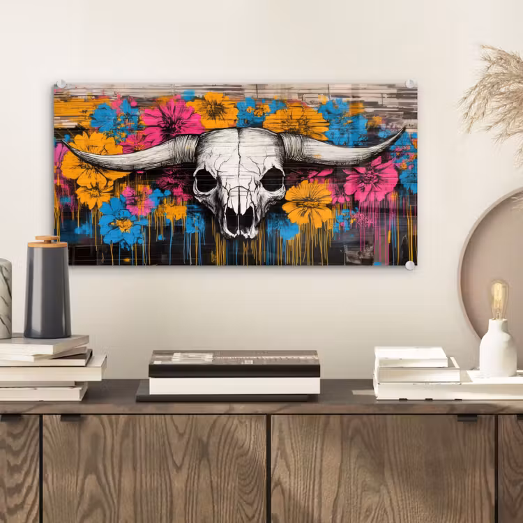 Glas schilderij - Schedel - Bloemen - Graffiti — 2