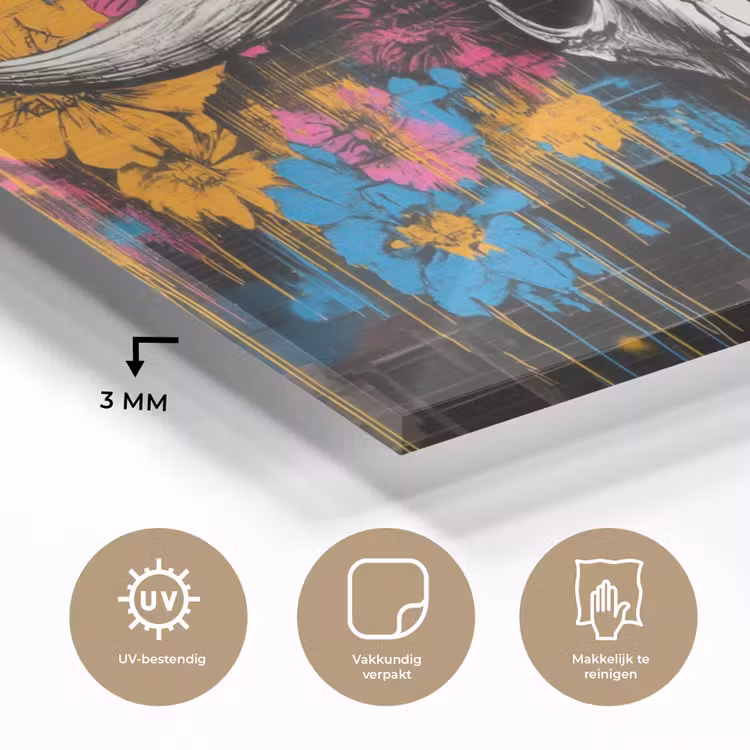 Glas schilderij - Schedel - Bloemen - Graffiti — 3