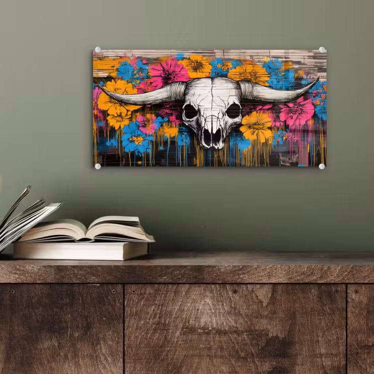 Glas schilderij - Schedel - Bloemen - Graffiti — 4