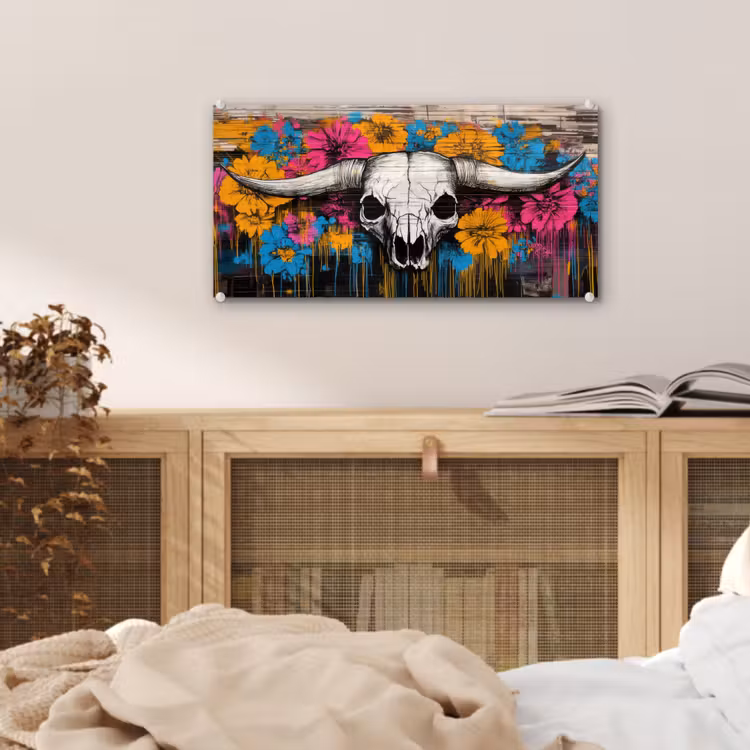 Glas schilderij - Schedel - Bloemen - Graffiti — 5