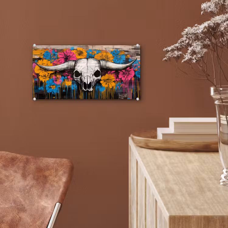 Glas schilderij - Schedel - Bloemen - Graffiti — 6
