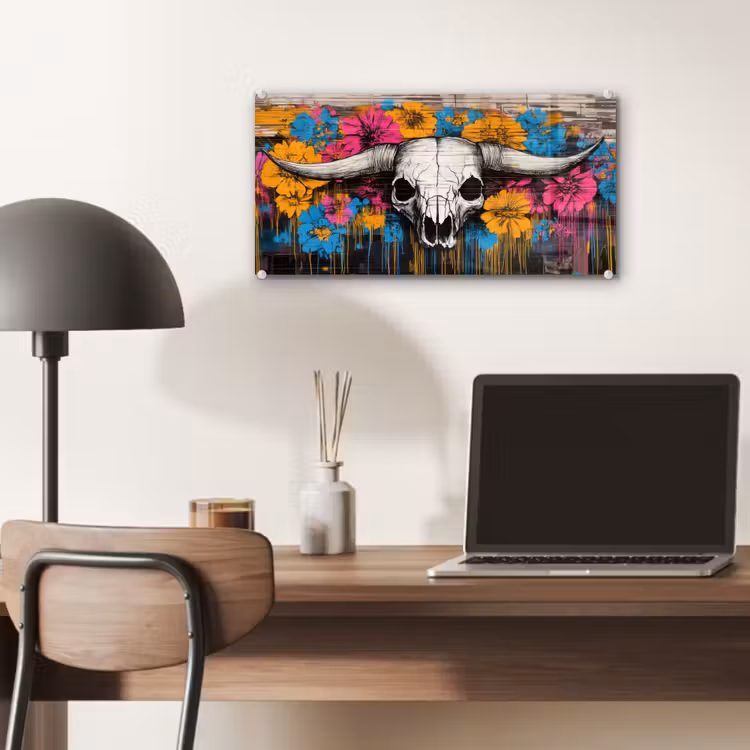 Glas schilderij - Schedel - Bloemen - Graffiti — 7