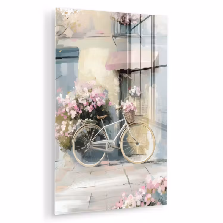 Glas schilderij - Fiets - Pastelkleuren - Bloemen — 1