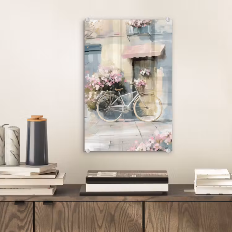 Glas schilderij - Fiets - Pastelkleuren - Bloemen — 2