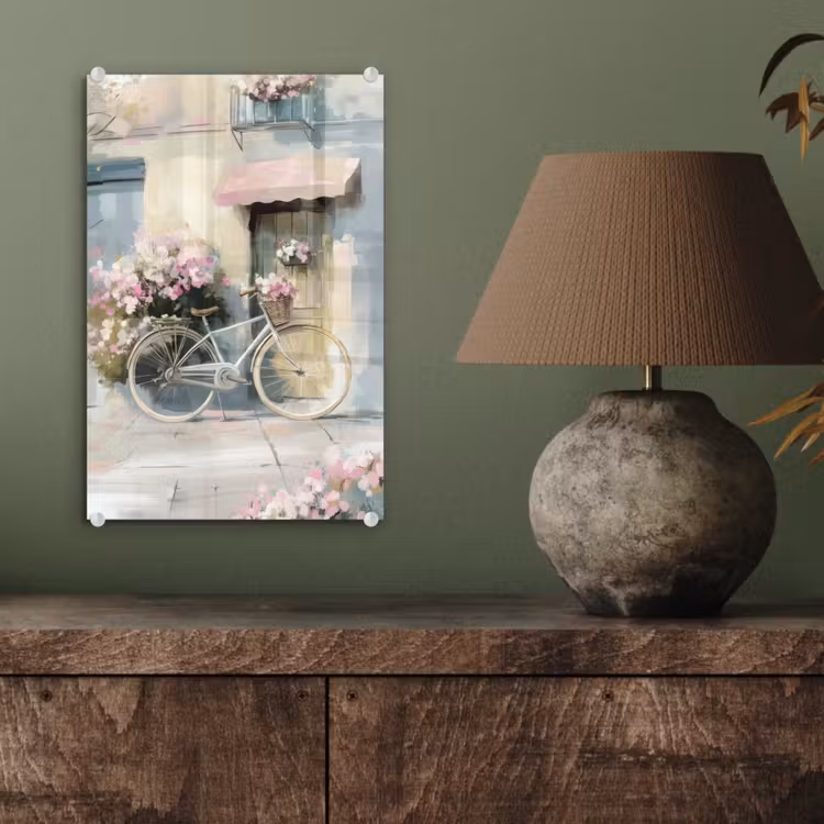 Glas schilderij - Fiets - Pastelkleuren - Bloemen — 4