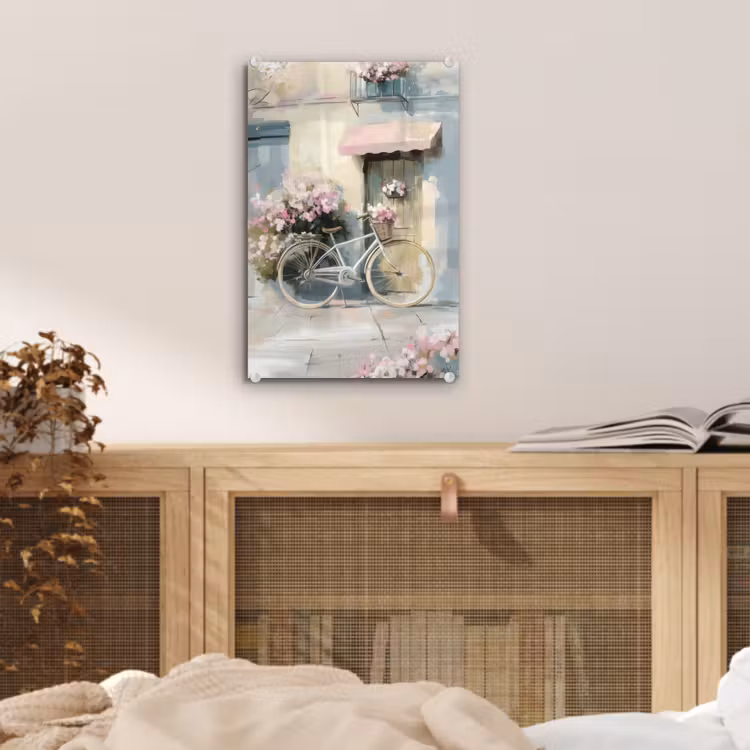 Glas schilderij - Fiets - Pastelkleuren - Bloemen — 5