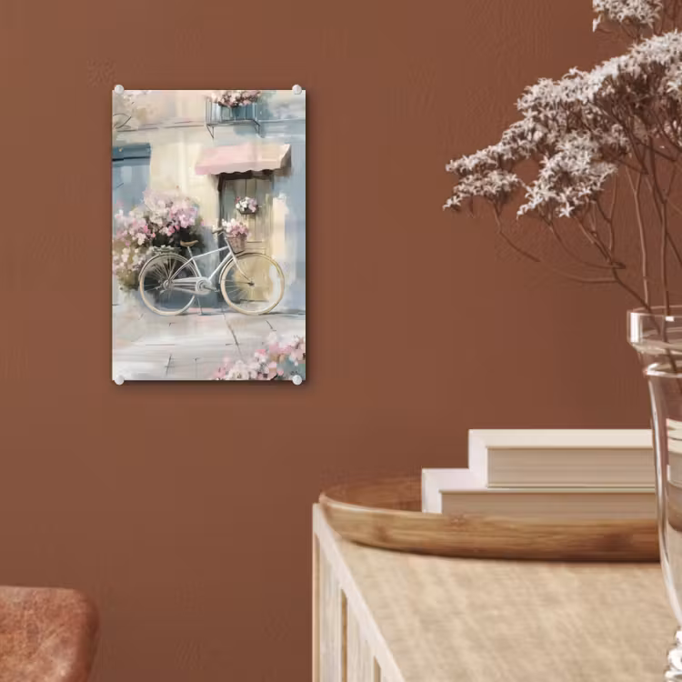 Glas schilderij - Fiets - Pastelkleuren - Bloemen — 6
