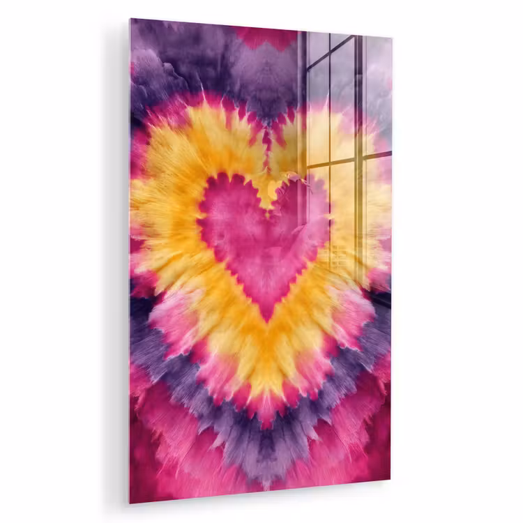 Glas schilderij - Tie dye - Hartvorm - Vlammen - Oranje — 1