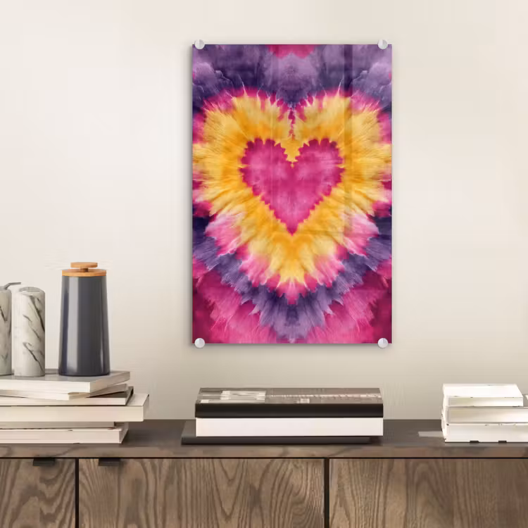 Glas schilderij - Tie dye - Hartvorm - Vlammen - Oranje — 2