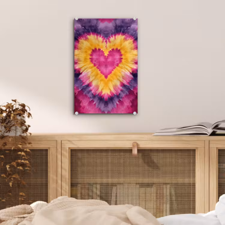 Glas schilderij - Tie dye - Hartvorm - Vlammen - Oranje — 5