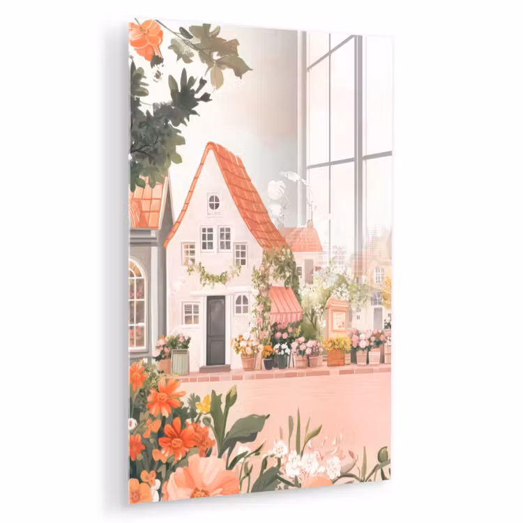 Glas schilderij - Bloemen - Huizen - Dorp — 1