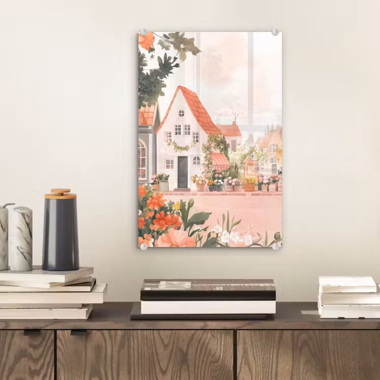 Glas schilderij - Bloemen - Huizen - Dorp — 2