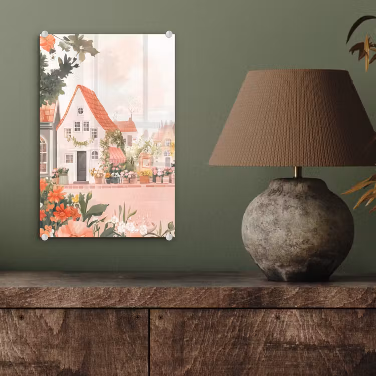 Glas schilderij - Bloemen - Huizen - Dorp — 4