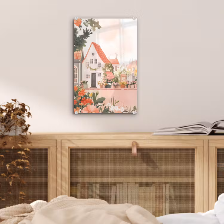 Glas schilderij - Bloemen - Huizen - Dorp — 5