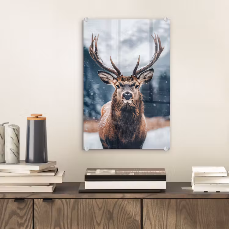 Glas schilderij - Hert - Dieren - Landschap - Winter - Sneeuw — 2