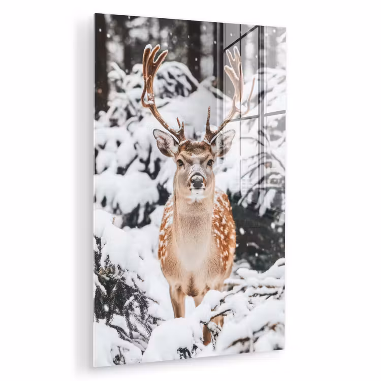 Glas schilderij - Hert - Sneeuw - Winter - Bos - Dieren — 1