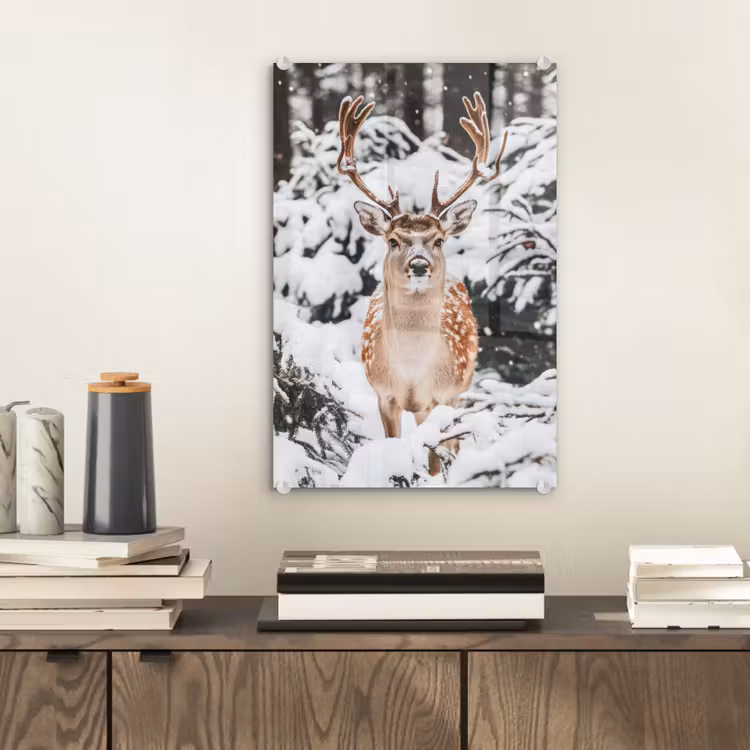 Glas schilderij - Hert - Sneeuw - Winter - Bos - Dieren — 2