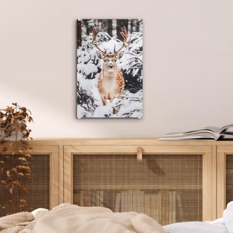 Glas schilderij - Hert - Sneeuw - Winter - Bos - Dieren — 5
