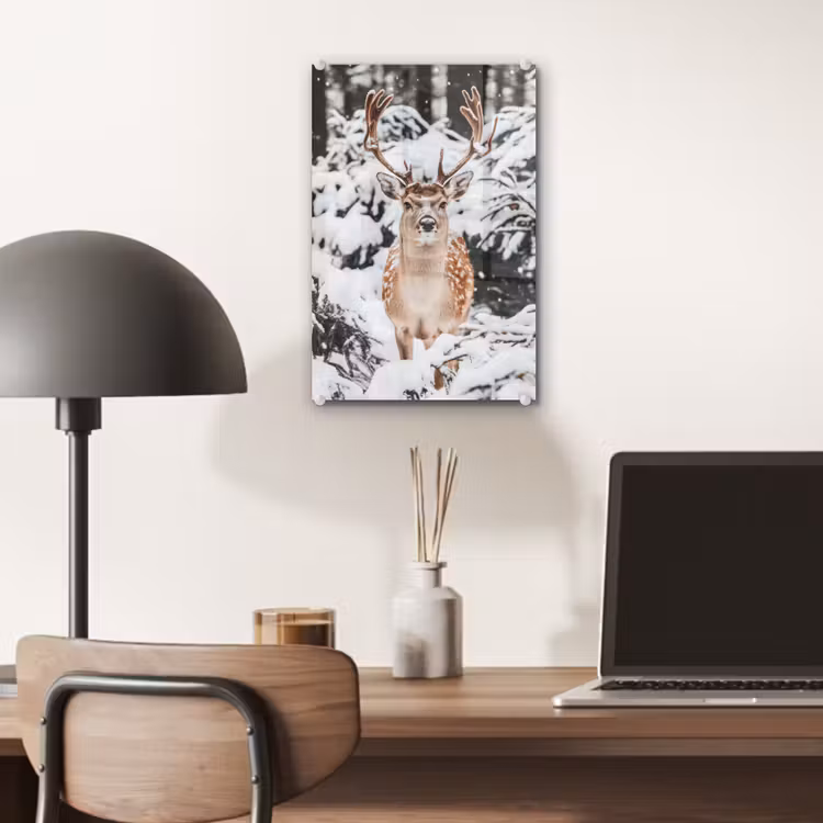 Glas schilderij - Hert - Sneeuw - Winter - Bos - Dieren — 7