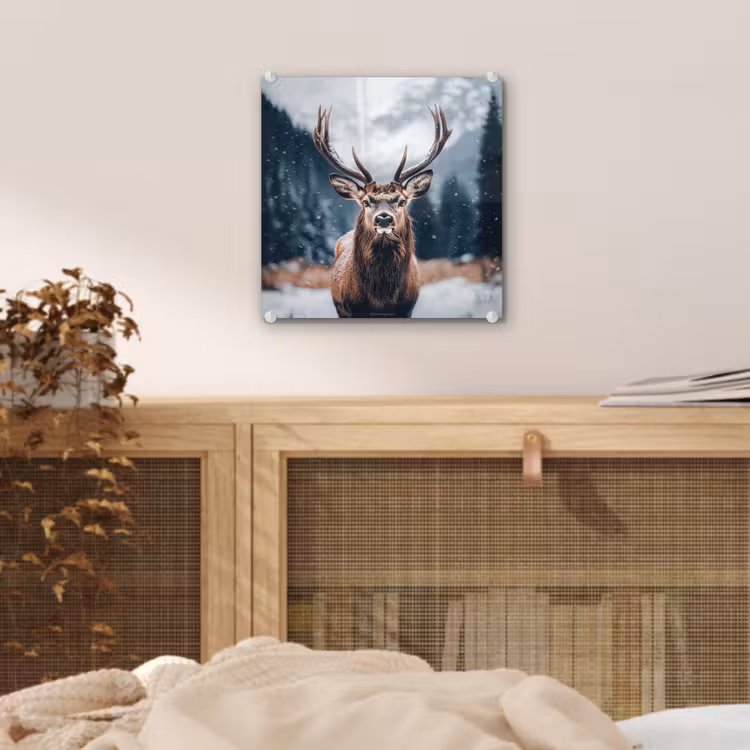 Glas schilderij - Hert - Winter - Hertenkop - Sneeuw - Gewei — 5