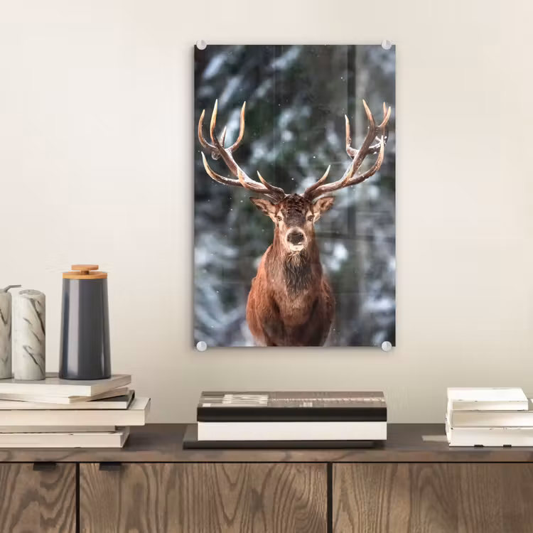 Glas schilderij - Hert - Winter - Sneeuw - Bos - Natuur - Dier — 2
