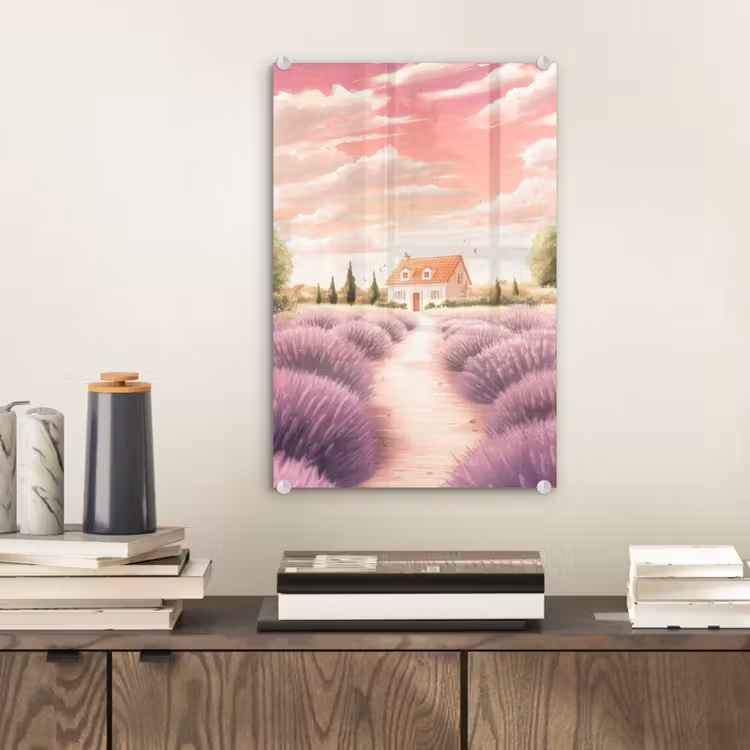 Glas schilderij - Lavendelveld - Huis - Paars — 2