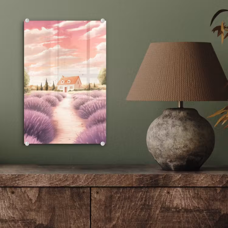 Glas schilderij - Lavendelveld - Huis - Paars — 4