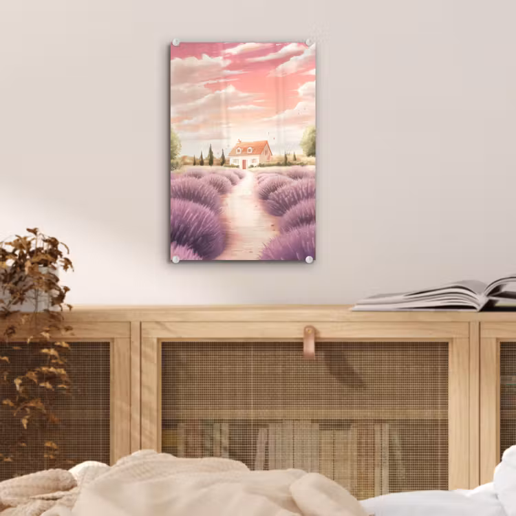 Glas schilderij - Lavendelveld - Huis - Paars — 5