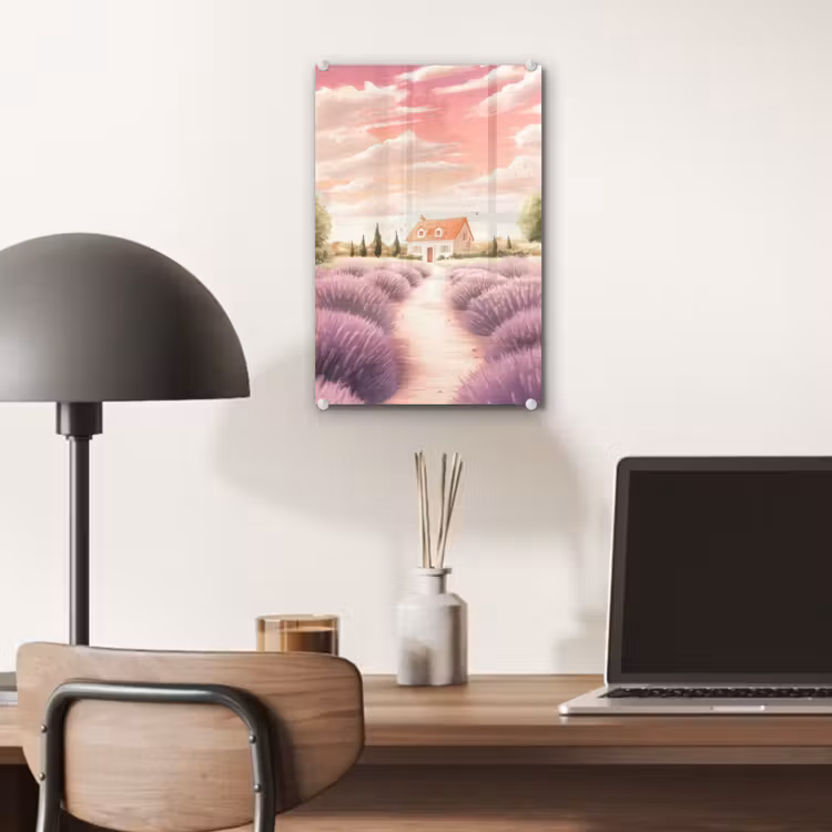 Glas schilderij - Lavendelveld - Huis - Paars — 7