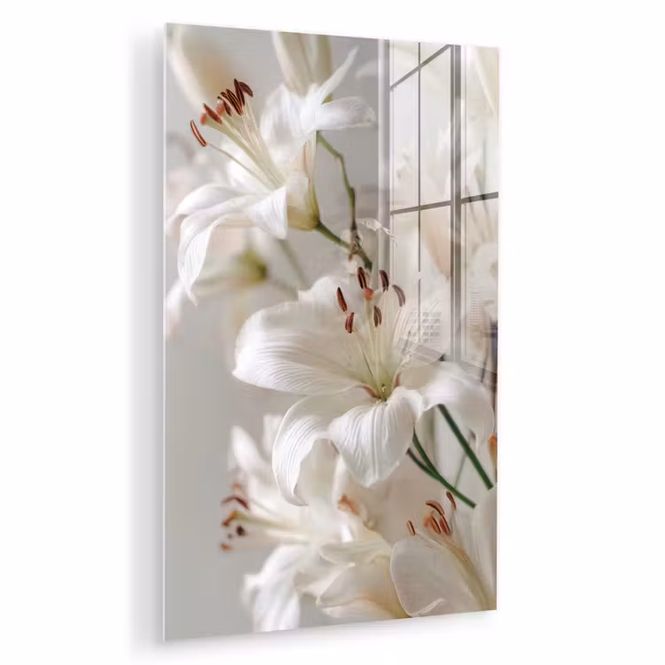 Glas schilderij - Lelies - Boekte - Wit - Meeldraden — 1