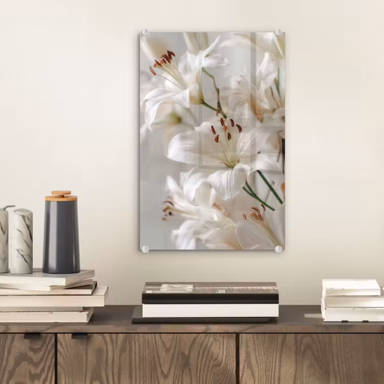 Glas schilderij - Lelies - Boekte - Wit - Meeldraden — 2