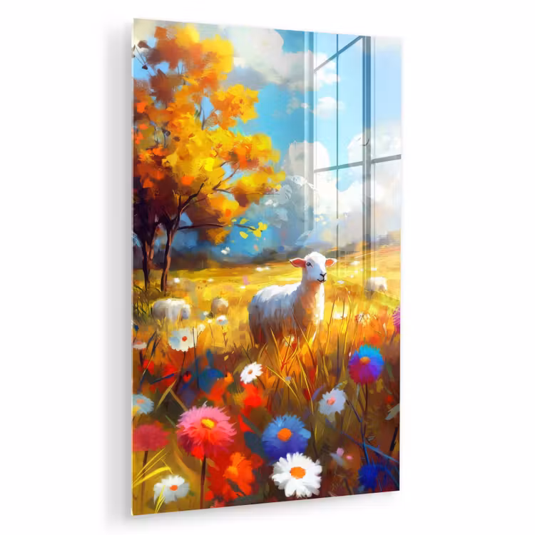 Glas schilderij - Schaap - Weide - Bloemen — 1