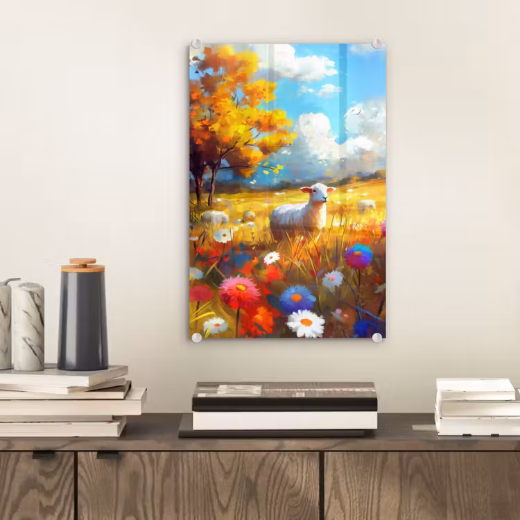 Glas schilderij - Schaap - Weide - Bloemen — 2