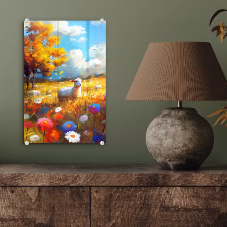 Glas schilderij - Schaap - Weide - Bloemen — 4