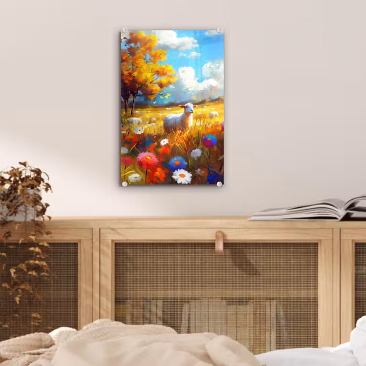 Glas schilderij - Schaap - Weide - Bloemen — 5