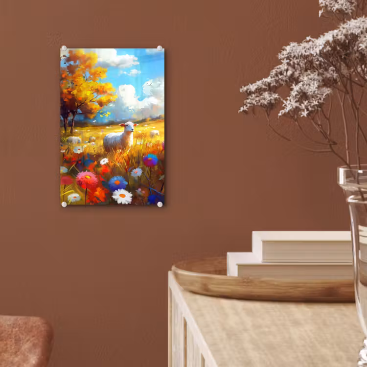 Glas schilderij - Schaap - Weide - Bloemen — 6