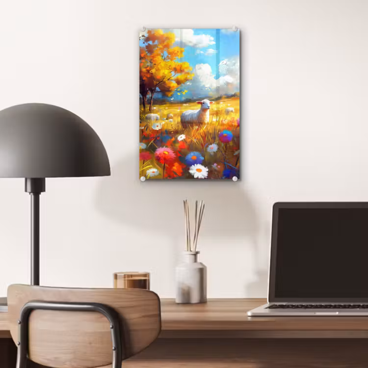 Glas schilderij - Schaap - Weide - Bloemen — 7