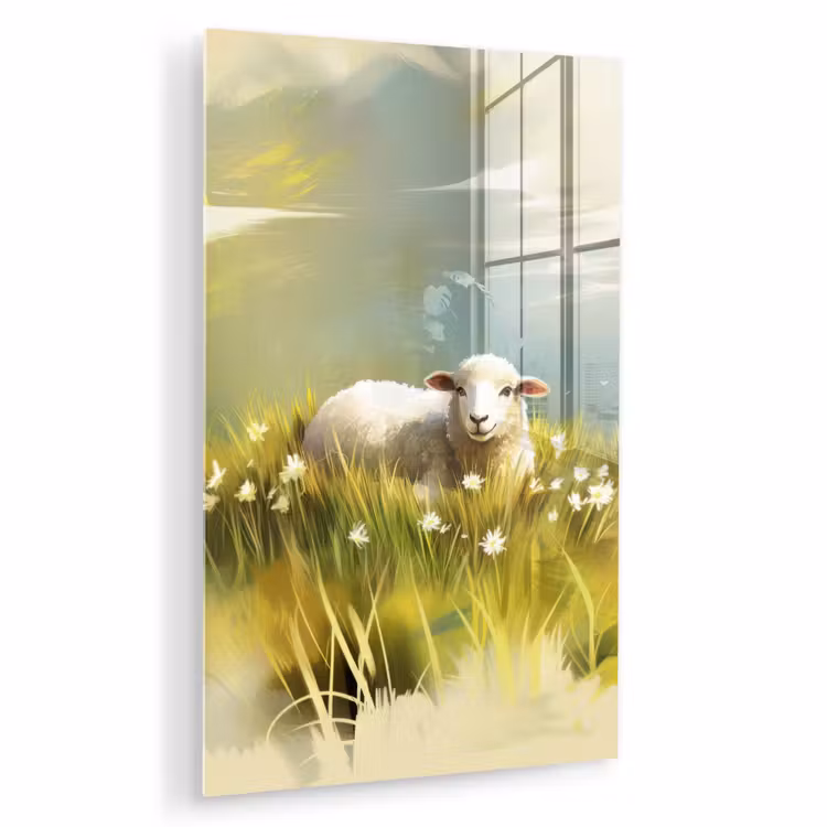 Glas schilderij - Schaap - Weide - Groen — 1