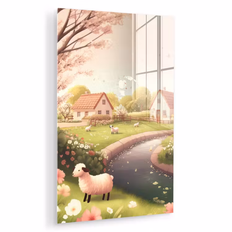 Glas schilderij - Schapen - Huisje - Platteland — 1