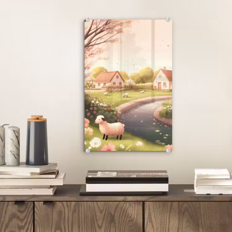 Glas schilderij - Schapen - Huisje - Platteland — 2