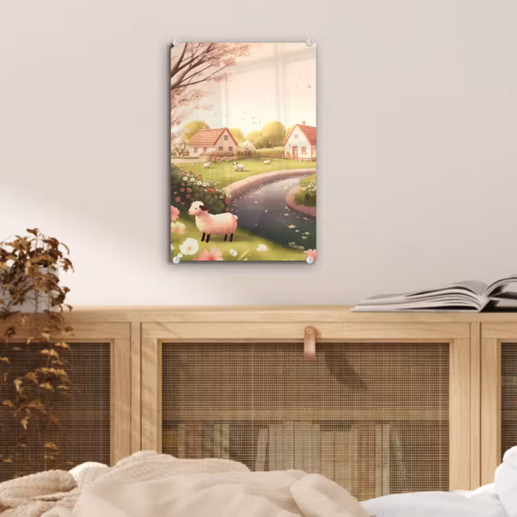 Glas schilderij - Schapen - Huisje - Platteland — 5