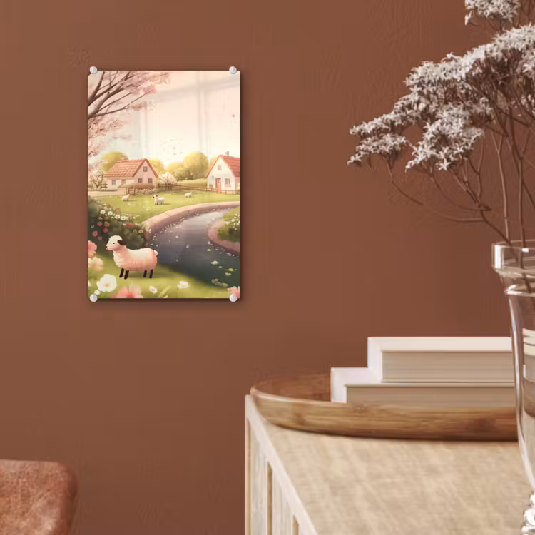 Glas schilderij - Schapen - Huisje - Platteland — 6